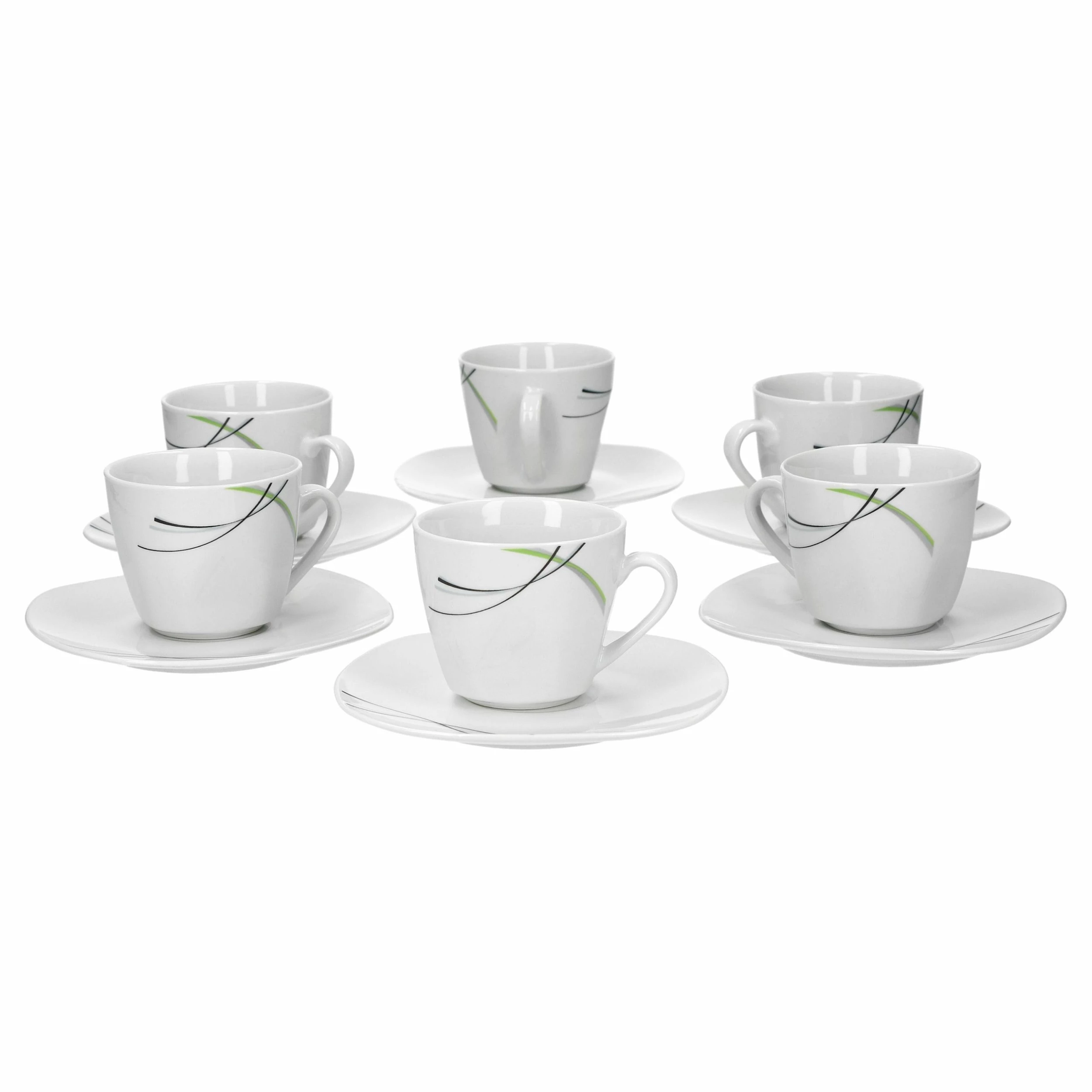 Null 6er Set Kaffeetasse 20cl Und Kaffeeuntertasse 14,5cm Donna - Weißes Porzellan Mit Linien- Dekor In Schwarz, Grau Und Grün 3 Null 6er Set Kaffeetasse 20cl Und Kaffeeuntertasse 14,5cm Donna - Weißes Porzellan Mit Linien- Dekor In Schwarz, Grau Und Grün